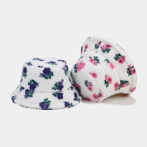 Lamb Wool Bucket Hat Plush Floral Print Warm Winter Outdoor Fashion Sunshade Accessory For Women