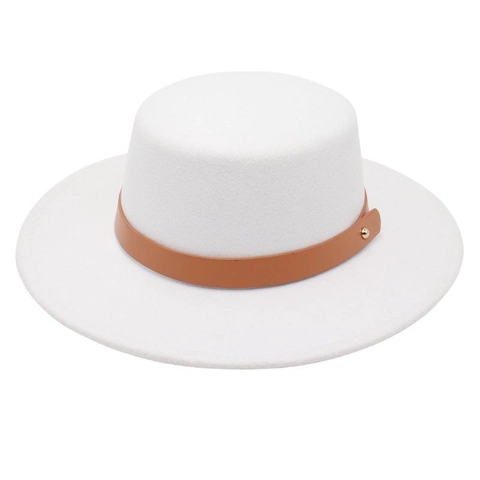 Chapeau Canotier Rétro Style Français À Bord Large Feutre De Laine Tête Plate Élégant Avec Bande En Similicuir Pour Femmes