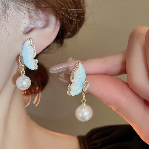 Pendientes Colgantes De Mariposa Vintage Esmalte Circón Perla Artificial De Imitación Cobre Con Poste De Plata Elegante Mujer