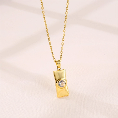Collana Pendente Rettangolo Geometrico Acciaio Al Titanio Rame Placcato Oro Zircone Gioielli Eleganti Donne