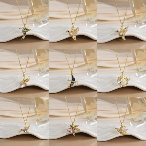 Hummingbird Pendant Necklace Gold Plated Copper With Zirconia Colorful Enamel Elegant Animal Jewelry For Women