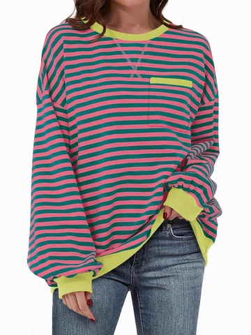 Women Striped Sweatshirt Polyester Pullover Long Sleeve Crew Neck Color Block Patchwork Pocket Casual Loose Fit Top