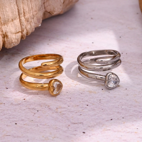 Snake Spiral Open Ring Stainless Steel 18K Gold Plated Heart Cubic Zirconia Double Layer Wrap Ring For Women Chic Jewelry