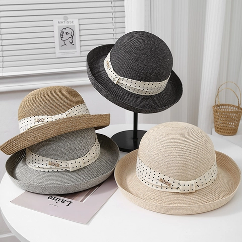 Women French Hepburn Style Wide Brim Straw Hat Breathable Sun Protection Polka Dot Ribbon Bow Elegant Beach Vacation
