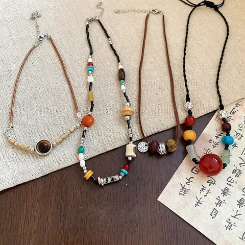 Collana Pendente Etnica Retro Legno Resina Pietra Perline Geometrico Tondo Gioielli Boho Per Donne Stile Artigianale