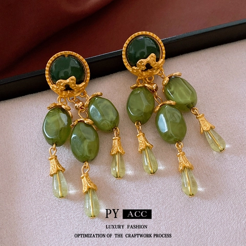Vintage Court Style Tassel Dangle Earrings Alloy And Resin Beads With Silver Earring Post Retro Palace Jewelry