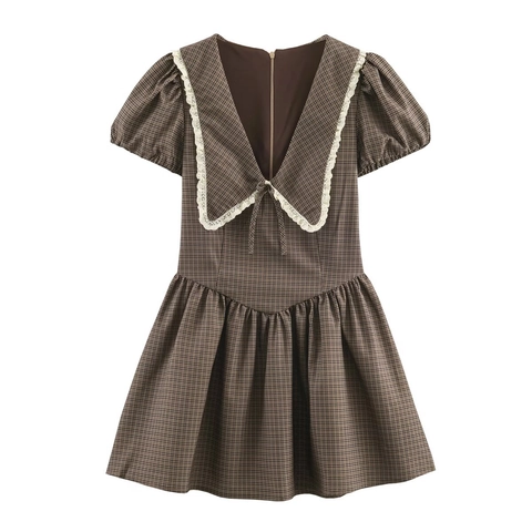 Vestito Mini A Quadri Da Donna Retro Colletto Peter Pan In Pizzo Maniche A Sbuffo Linea A Stile Elegante