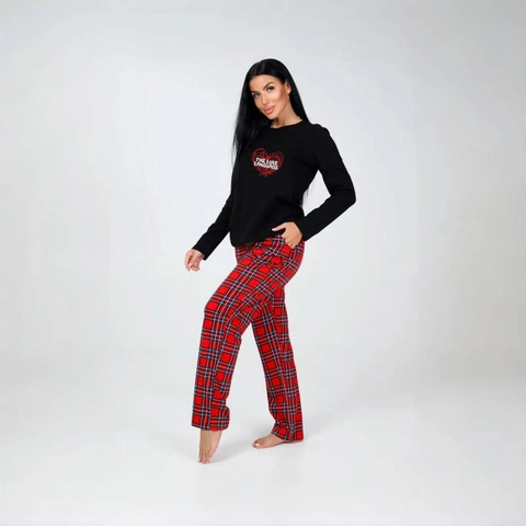 Dames Pyjama Top Met Lange Mouwen Hartprint En Geruite Broek Kerst Loungewear Polyester Elastaan Comfortabele Nachtkleding