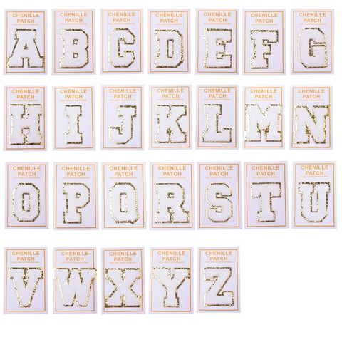 Chenille Alphabet Patches Weiße Handtuchstickerei Gold Glitzer Rand Zum Aufkleben Selbstklebend DIY Kleidung Dekor