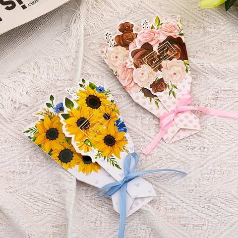 Bouquet Shaped Greeting Card 3D Flower Cardstock Ribbon Bow Gold Stamping Valentine Christmas Birthday Best Wishes