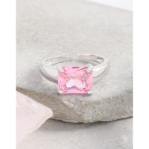 925 Sterling Silver Pink Zirconia Open Ring For Women Minimalist Geometric Rectangular Adjustable Light Luxury Finger Jewelry