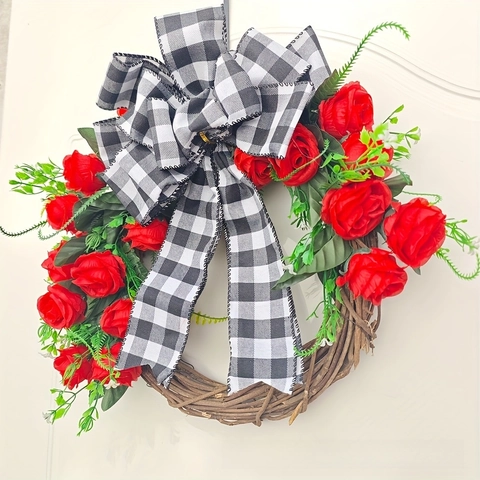 Ghirlanda Di Rose Artificiali Fiori Di Raso Base In Rattan Naturale Fiocco A Quadretti Decorazione Da Appendere Alla Porta Della Fattoria