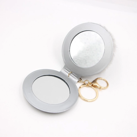 Round Folding Compact Mirror Keychain Dual Sided PU Leather Metal Portable Bag Charm For Women Makeup Travel Solid Color