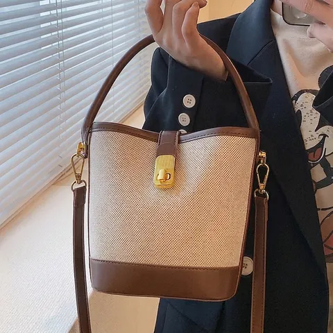 Γυναικεία Vintage Τσάντα Bucket Από Καμβά Και Δέρμα PU Color Block Μονή Λαβή Χρυσή Κλειδαριά Casual Ώμου