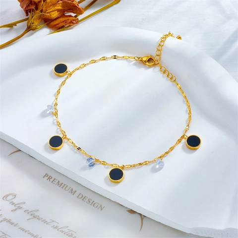 Titanium Steel Anklet For Women Gold Plated With Black Disc Pendants And Clear Zircon Simple Retro Beach Foot Jewelry