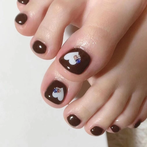 Unghie Finte Per Piedi Borgogna Motivo Cuore Strass Lucidi Copertura Completa Unghie Finte Per Donne