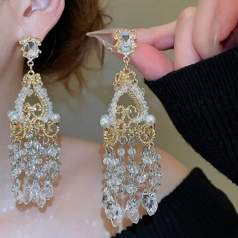 Vintage French Palace Luxury Tassel Dangle Earrings For Women With Glass Crystal Artificial Pearl And 925 Sterling Silver Earring Post