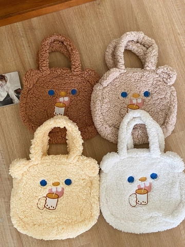 Bolso De Mano De Peluche De Oso Dibujos Animados Piel De Cordero Sintética Bordado Casual Para Mujeres