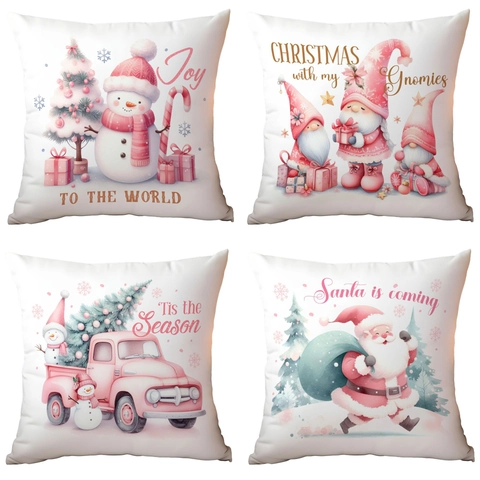 Weihnachts Kissenbezug Rosa Aquarell Weihnachtsmann Schneemann Kurzplüsch Quadratisch Feiertags Deko Weiche Kissenhülle