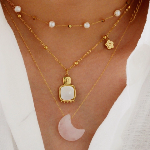 Collana E Bracciale In Acciaio Inossidabile Placcato Oro 14K Fiore Di Madreperla Ciondolo Luna Rosa Perla Artificial Gioielli Eleganti Per Donna