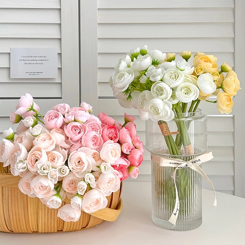 Artificial Persian Buttercup Satin Ranunculus Bouquet Realistic For Home Wedding Decor Photography Props Minimalist Style