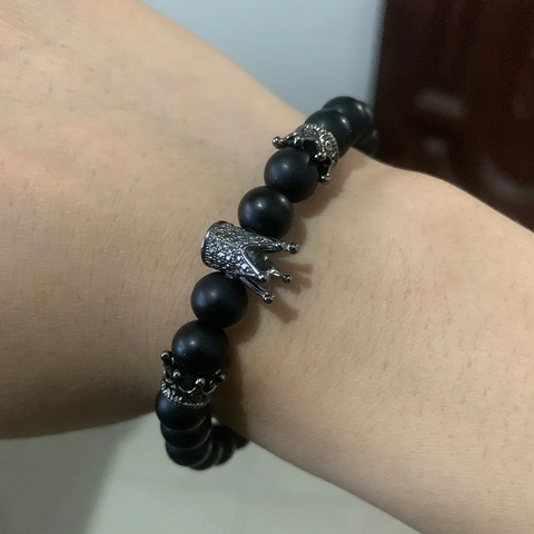 Men Beaded Bracelet Natural Tiger Eye Onyx Stone Alloy Lion Head Crown Charms Fashion Jewelry Gift