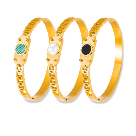 Vintage Armreif Vergoldet Edelstahl Geometrische Einlage Perlmutt Malachit Schmuck Für Damen