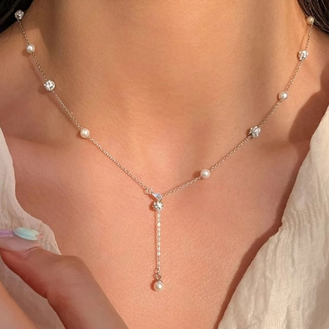 Collana A Y In Acciaio Inossidabile Con Künstliche Perle Artificiali E Sfere Di Strass Per Donna Gioielli Eleganti