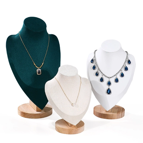 Necklace Display Stand Jewelry Bust Mannequin Solid Wood Base Velvet Leatherette Pendant Holder Professional Organizer