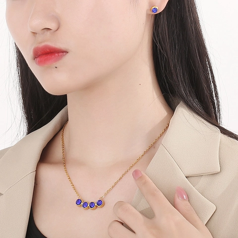 Stainless Steel Jewelry For Women Geometric Round Rhinestone Necklace And Stud Earrings Gold Plated Minimalist Elegant Accessory