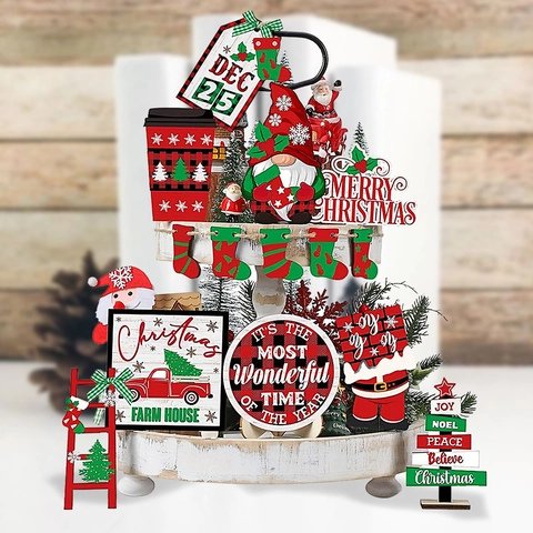 Christmas Tiered Tray Decor Wooden Signs Gnome Christmas Tree Farmhouse Table Centerpiece Ornaments Home Party Decoration