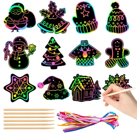 Kit Ornamenti In Carta Da Grattare Di Natale Arcobaleno DIY Decorazioni Da Appendere Con Bastoncini Di Legno E Nastri Per Bambini