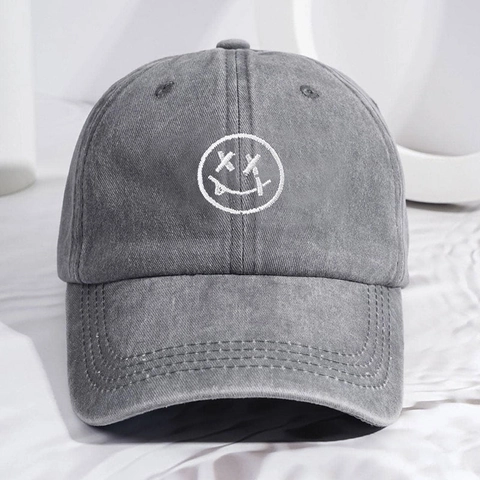 Washed Polyester Baseball Cap Embroidered Smiley Face Tongue Out XX Eyes Vintage Distressed Sun Hat For Men Women