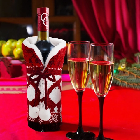 Funda Para Botella De Vino De Navidad Suéter De Punto Estampado De Reno Copo De Nieve Con Lazo Pompones Decoración De Mesa