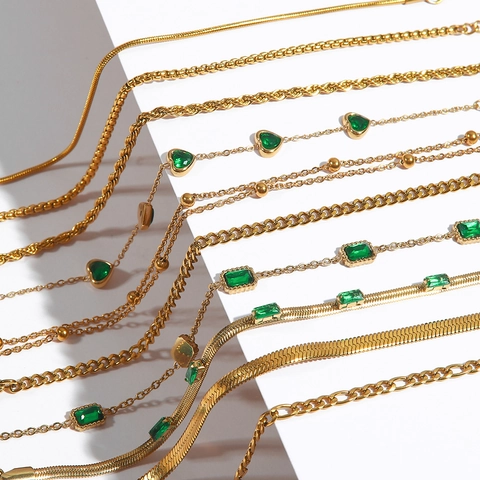 Gold Plated Stainless Steel Bracelet Green Cubic Zirconia Rectangle Heart Figaro Snake Chain Jewelry For Women