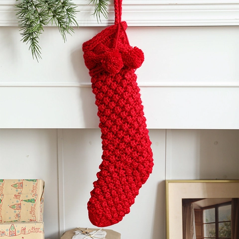 Calza Di Natale Lavorata A Maglia Grande Pompon Decorazione Da Appendere Camino Sacchetto Regalo Caramelle Tinta Unita Rustico