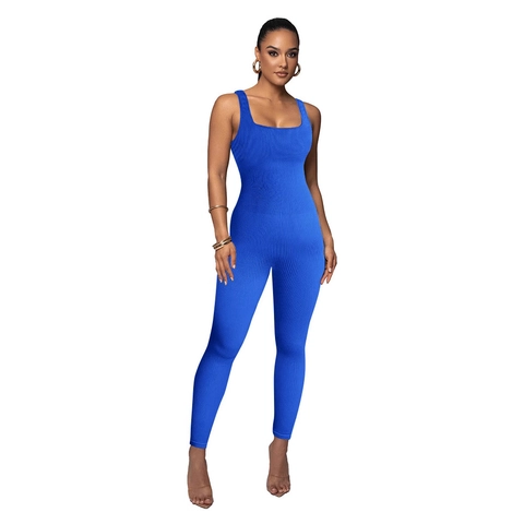 Damen Ärmelloser Rippstrick Jumpsuit Eckiger Ausschnitt Hochelastisch Slim Fit Lange Hose Lässig