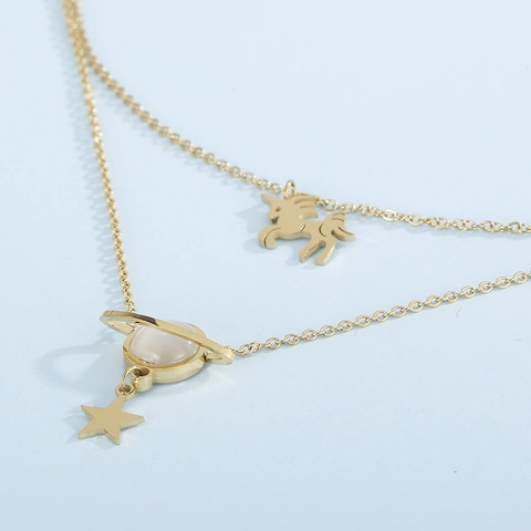 Collar De Doble Capa De Acero Inoxidable Chapado En Oro Colgante De Unicornio Planeta Estrella Joyería Para Mujer