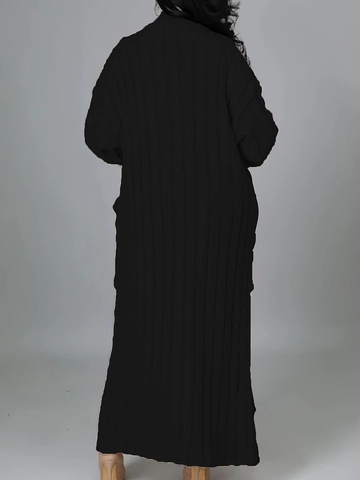 Women Long Cardigan Sweater Black Cable Knit Long Sleeve Open Front Side Pockets Casual Knitwear Solid Coat