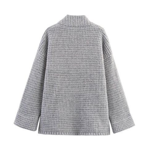 Waffel Strickjacke Cardigan Doppelreihig V Ausschnitt Langarm Kaschmirmischung Vintage Oberteil Damen