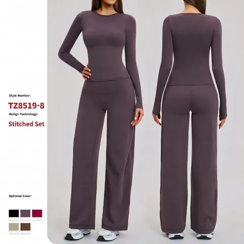 Dames Yoga Sport Kleding Top Met Lange Mouwen En Broek Met Wijde Pijpen Geborsteld Nylon Spandex Hoge Taille Elastisch Trainingspak