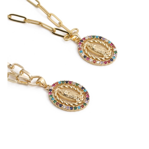 Collier Pendentif Médaille Vierge Marie Plaqué Or Cuivre Zircone Colorée Bijoux Religieux Style Hip Hop Rétro