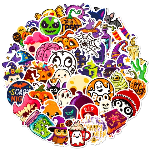Halloween Cartoon Stickers Waterproof Vinyl Decals For Laptop Luggage Phone Case Pumpkin Ghost Skull Novelty Kids Adults