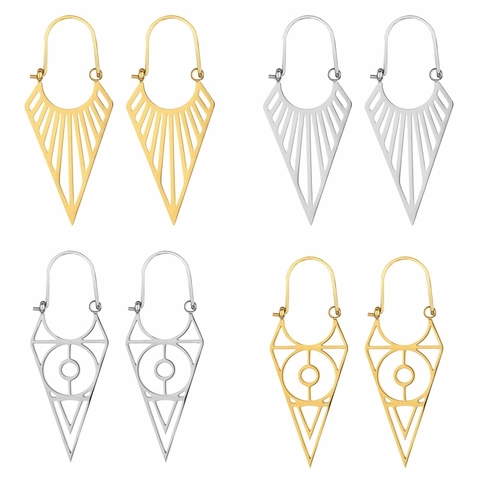 Stainless Steel Hollow Geometric Triangle Fan Shape Dangle Earrings Vintage Bohemian Style Jewelry For Women