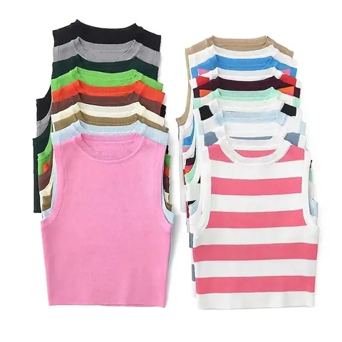 Women Knit Tank Top Sleeveless Round Neck Ribbed Striped Solid Color Crop Top Summer Y2K Style Stretch Slim Fit Vest
