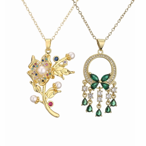 Collana Con Ciondolo In Rame Vintage Per Donna Retrò Rosa Fiore Farfalla Croce Zircone Intarsiato Elegante Catena Di Clavicicola