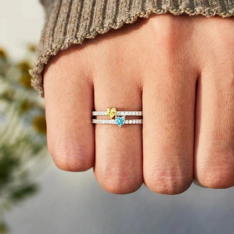 S925 Sterling Silver Double Heart Birthstone Zirconia Ring Adjustable Open Finger Ring Fashion Jewelry For Women Birthday Gift