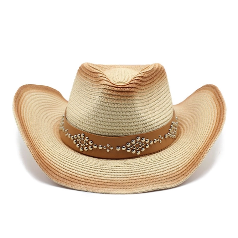 Western Cowboy Straw Hat Gradient Paper Sun Protection Beach Outdoor Wide Brim Leather Rivet Band Unisex