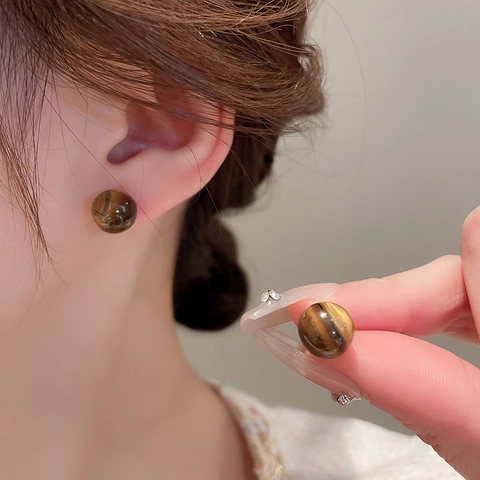 Tiger Eye Stone Earrings With Silver Earring Post Vintage Geometric Alloy Stud Dangle Retro Accessories For Women