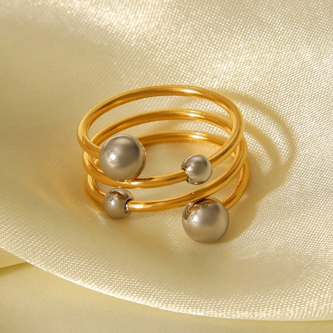 Multi-Layer Spiralring Edelstahl Zweifarbige Gold Silber Kugel Perle Offen Minimalistischer Schmuck Für Frauen